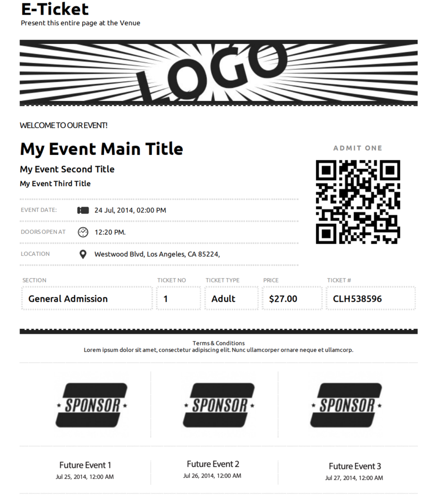 E-Ticket Template With Sponsors and Upcoming Events