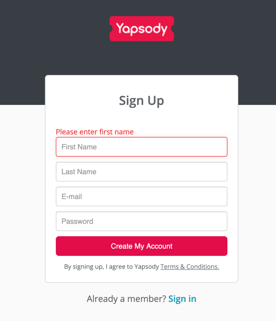 Sign Up With Yapsody
